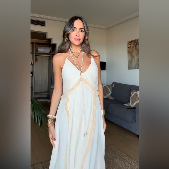 Zara Cream Maxi Dress long flowy boho summer casual vacation wedding sundress - Picture 3 of 13